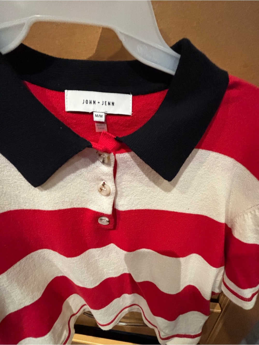 John + Jenn Kids Red and White Striped Polo with navy collar